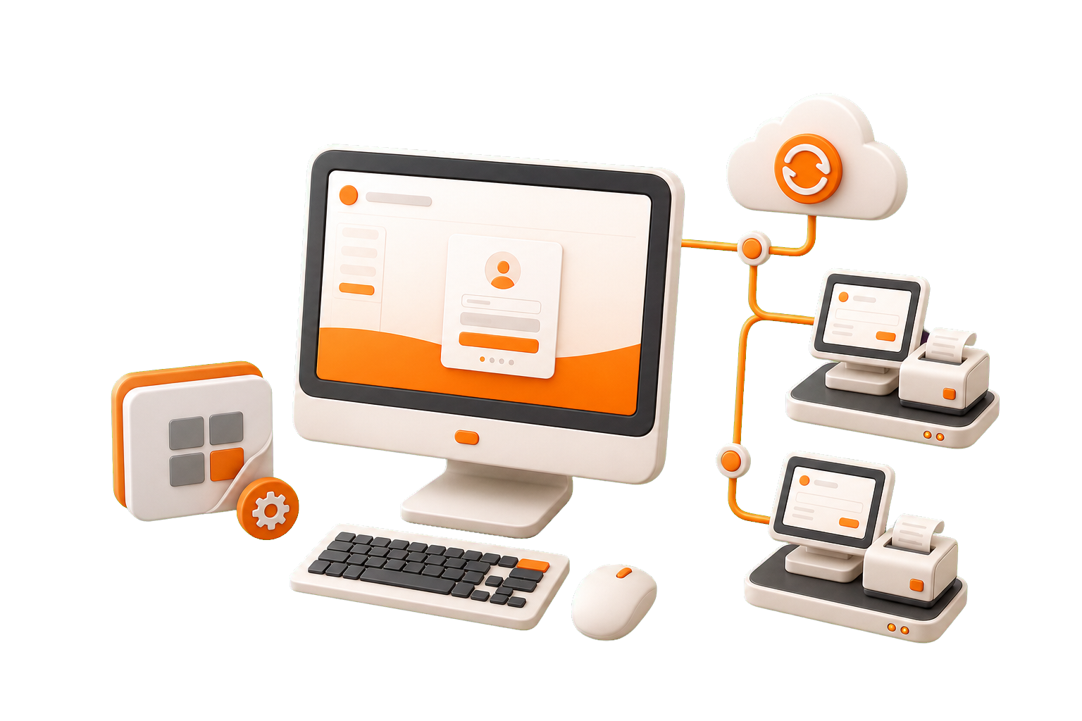 Ilustração 3D de um aplicativo desktop Windows com login, backup em nuvem e mais de um PDV sincronizado.